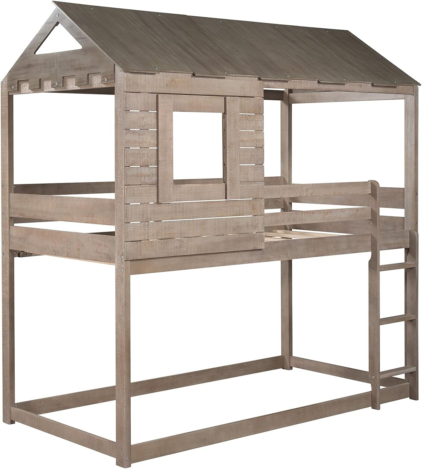 House Bunk Beds, Twin over Twin Bunk Bed Frame Low Bunk Bed for Kids Toddlers Boys Girls, Antique Gray