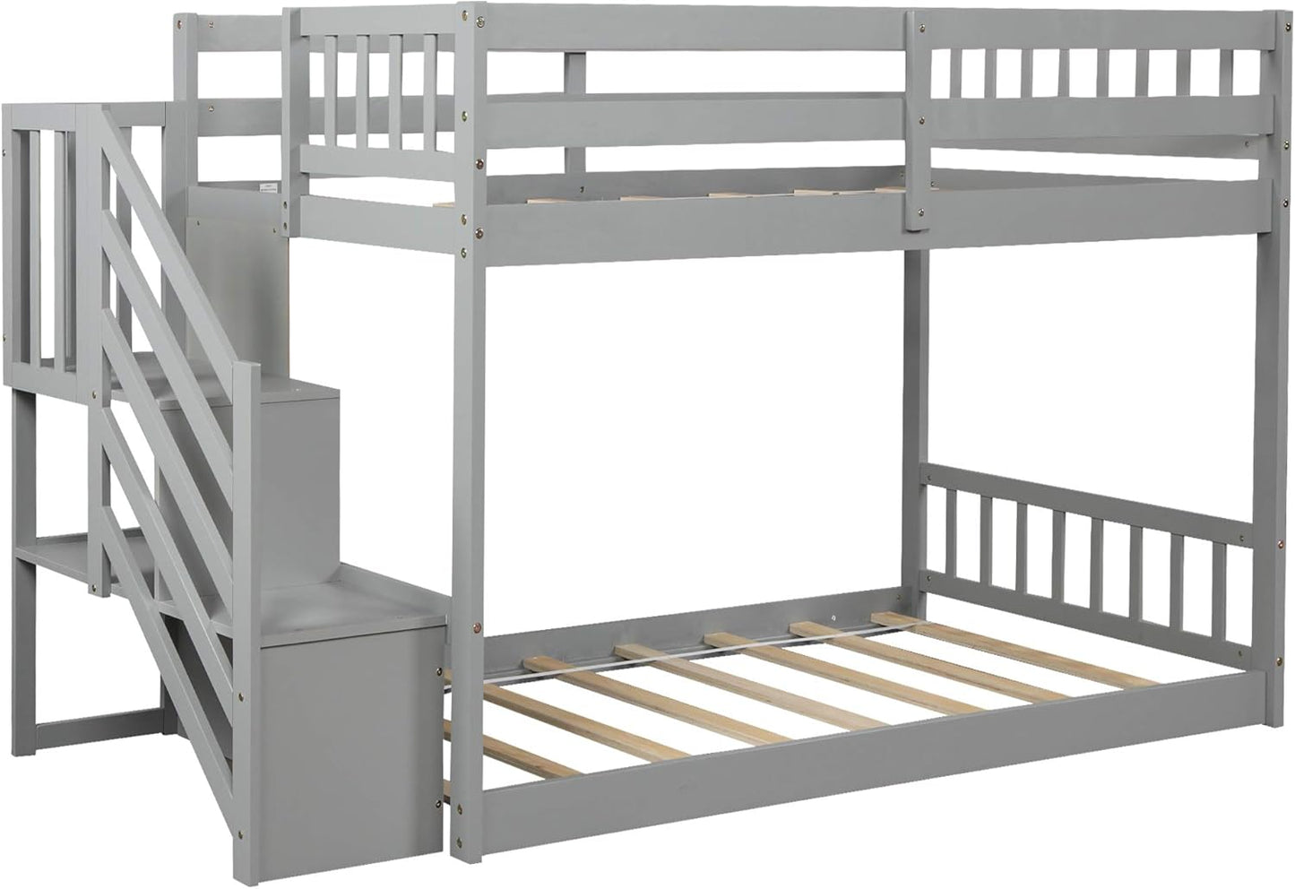 Low Bunk Bed, Wood Twin over Twin Low Floor Bunk Bed, Modern Bunk Bed Frame with Stair and Storage Shelf for Kids,Teens,Boys,Girls,Bedroom Furniture (Gray)