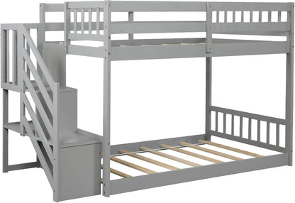 Low Bunk Bed, Wood Twin over Twin Low Floor Bunk Bed, Modern Bunk Bed Frame with Stair and Storage Shelf for Kids,Teens,Boys,Girls,Bedroom Furniture (Gray)