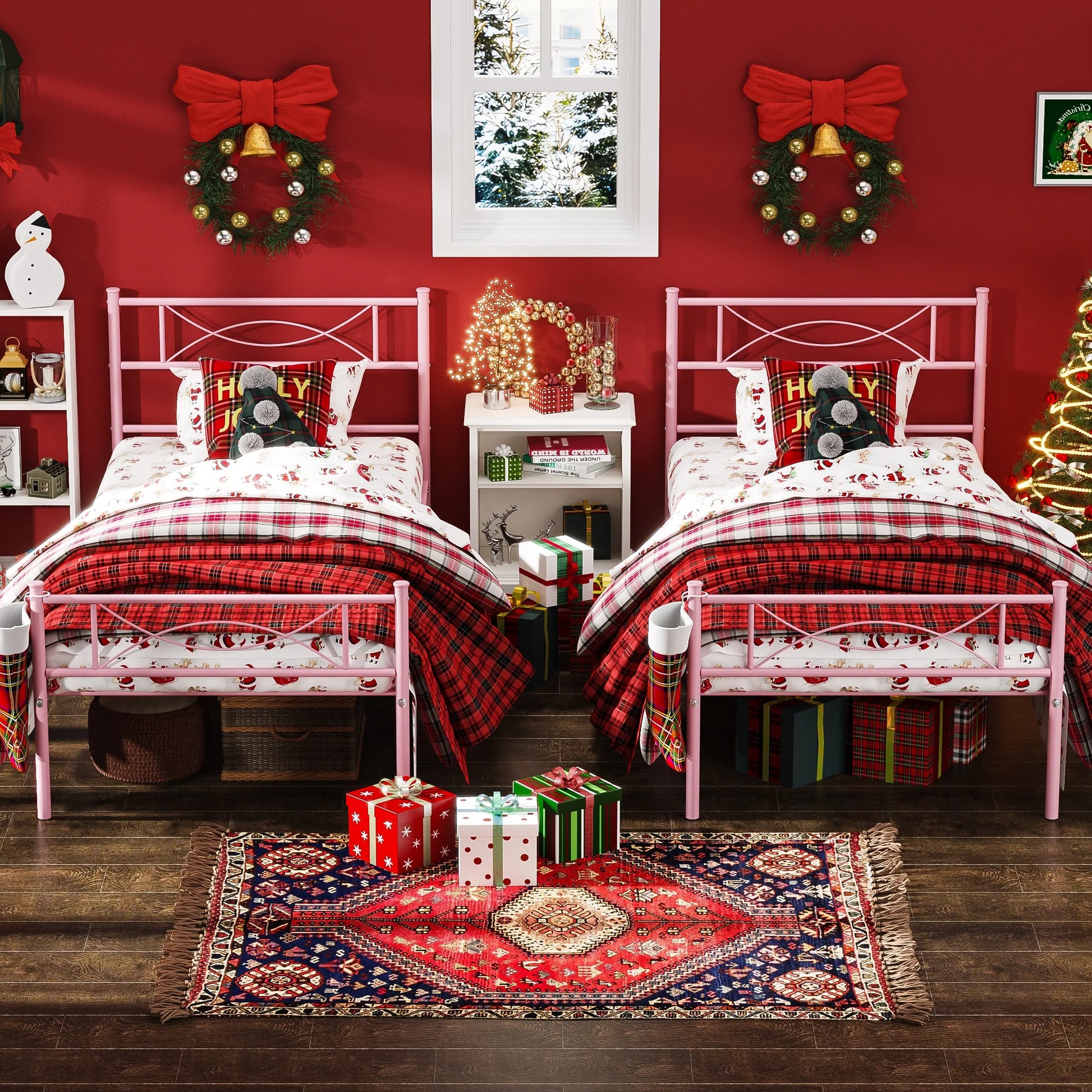 Kids Pink Metal Platform Bed Frame Twin Single Bed with Headboard & Footboard for Girls Bedroom Furniture, No Box Spring Needed