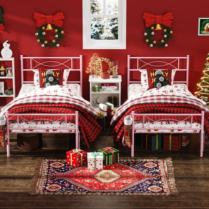 Kids Pink Metal Platform Bed Frame Twin Single Bed with Headboard & Footboard for Girls Bedroom Furniture, No Box Spring Needed