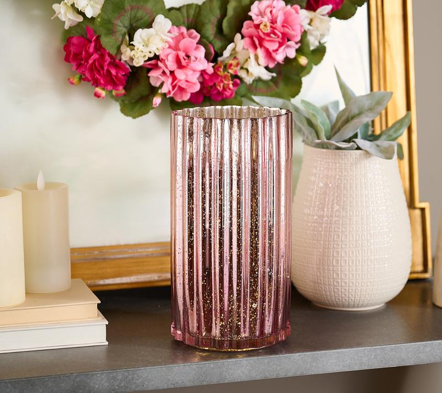12" Oversized Illuminated Fluted Mercury Glass Hurricane by Valerie