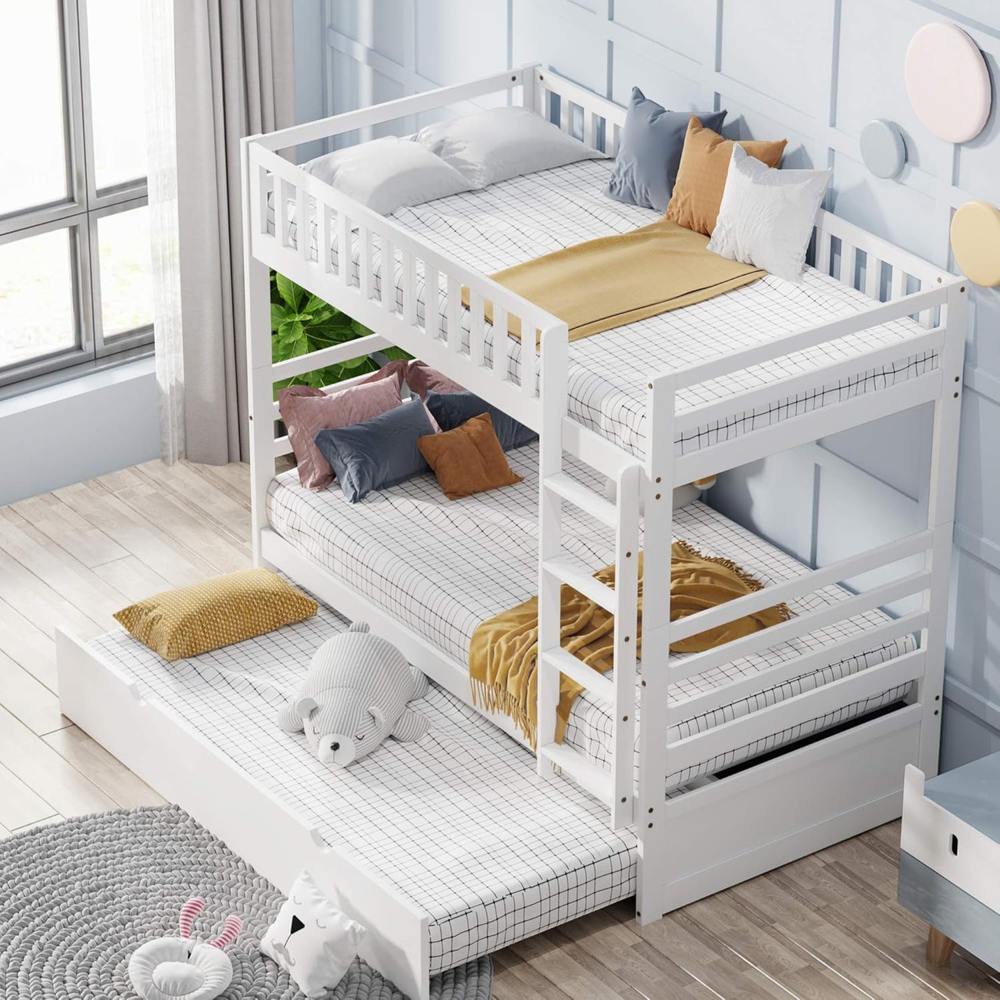 Twin over Twin Bunk Bed, Hinipa Space Saving Design Bedroom Furniture Wood Bunk Beds with Trundle, Ladder and Safety Rail (White)