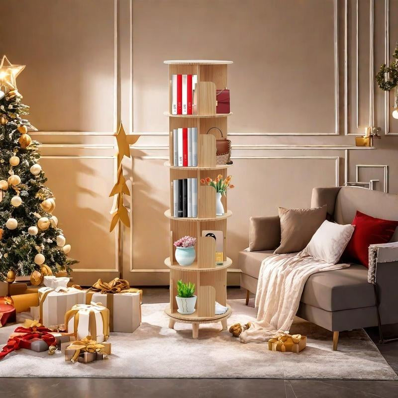 CNCEST Rotating Bookshelf Tower 360° Bookcase Figure Display Shelf Bedroom Storage Rack Classroom Organizer Smooth Wooden Birthday Gift Home Decor