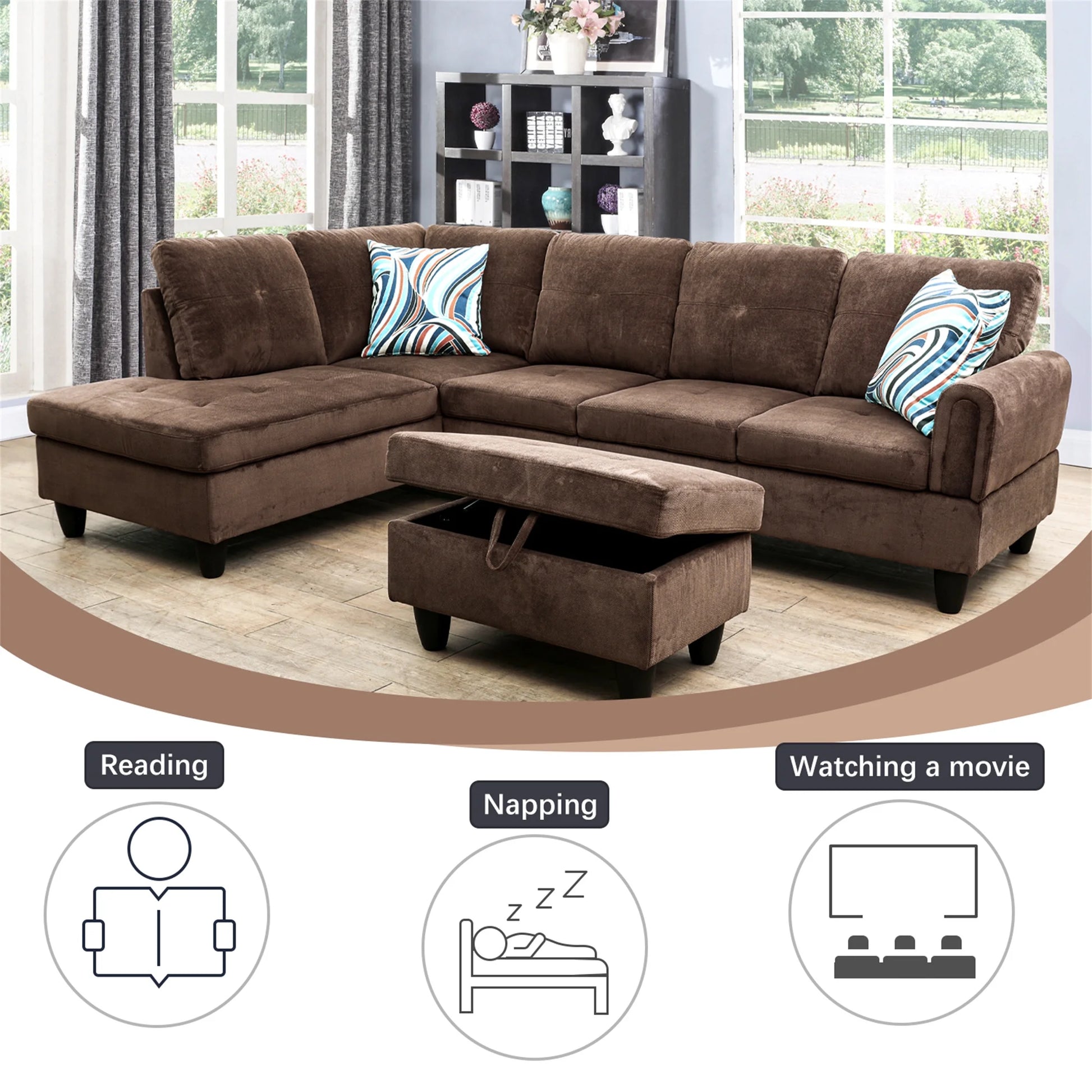 3 Piece L-Shape Sectional Sofa Couch W/ Storage Ottoman, 2 Pillows, Pineapple Velvet, Brown