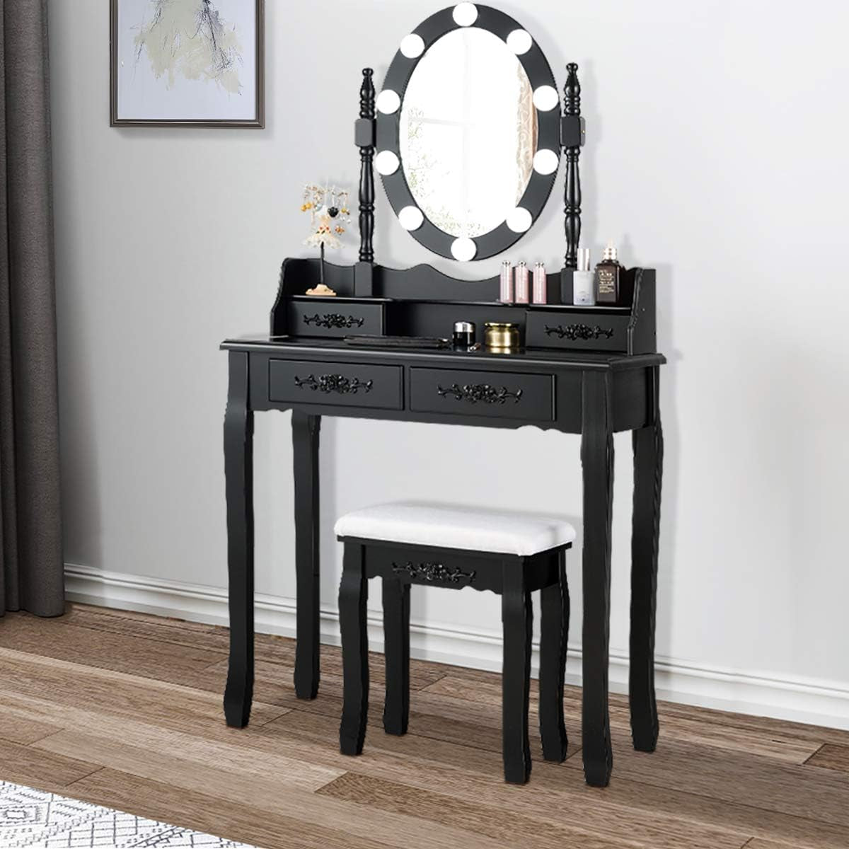 Makeup Vanity Table with 10 LED Lights, Adjustable Brightness, 4 Drawers, Rotatable Mirror, Cushioned Stool, Vanity Desk Dressing Table Bedroom Furniture (Black)