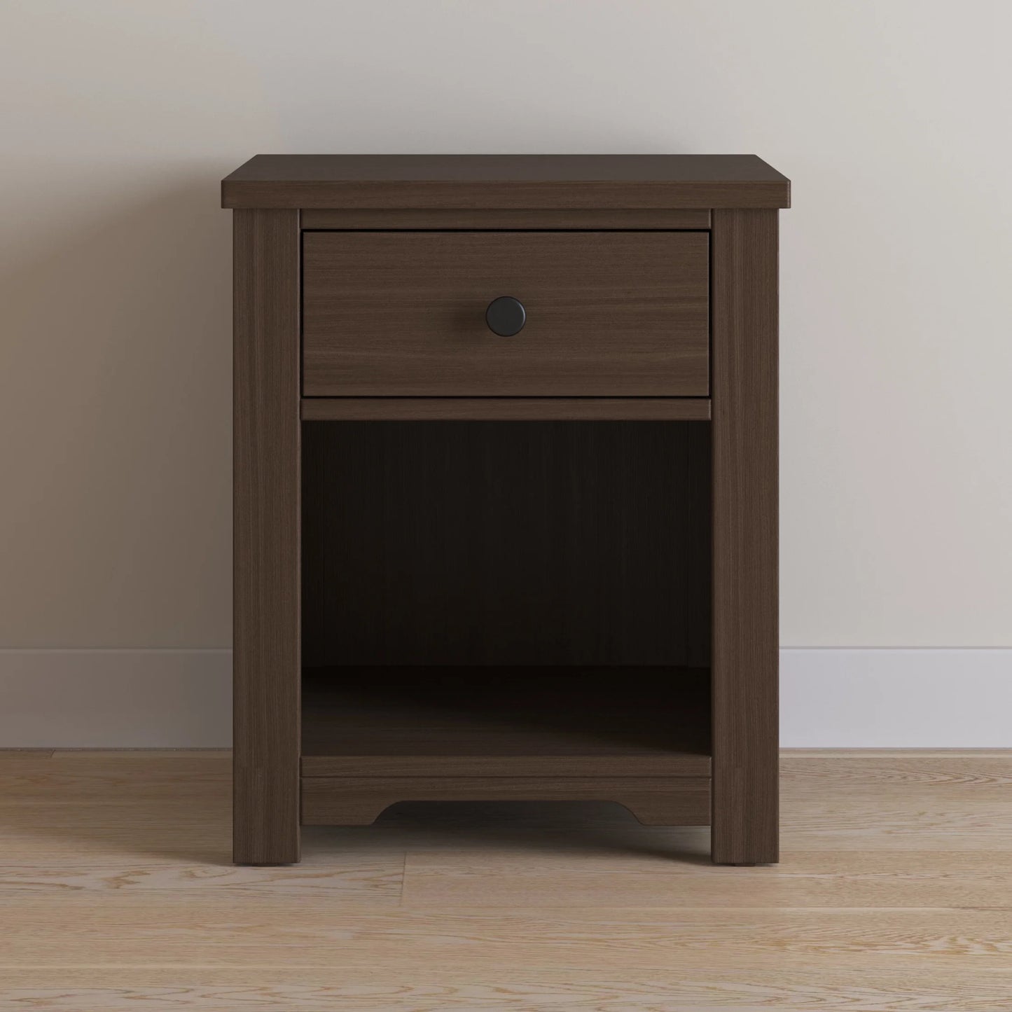 Woodland Toddler Bed and Nightstand Bedroom Set, Low to Ground Design, Brushed Truffle, 2-Piece
