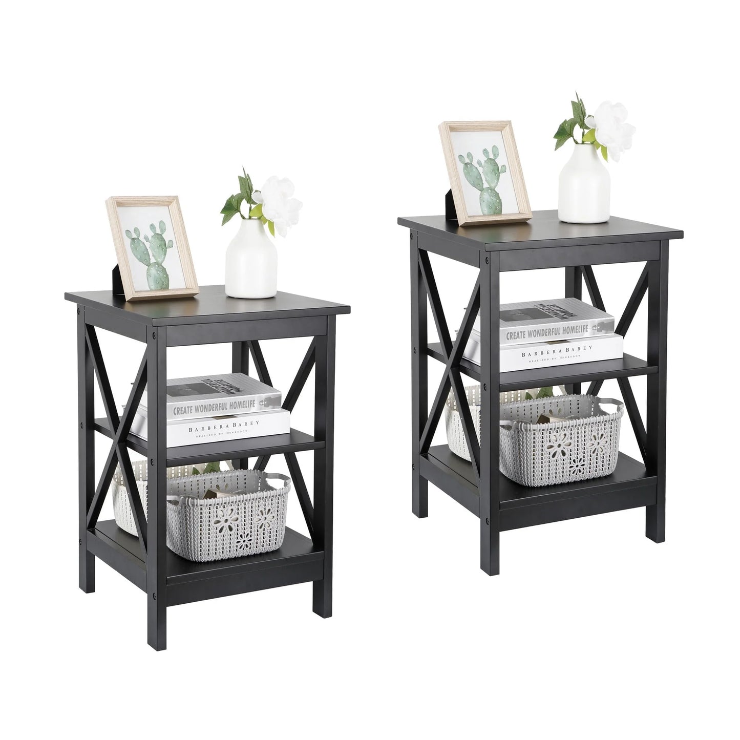 End Table Sofa Side Storage Shelf Living Room Bedroom Furniture 3 Tier Saving Space X-Design Black (2 Pieces)
