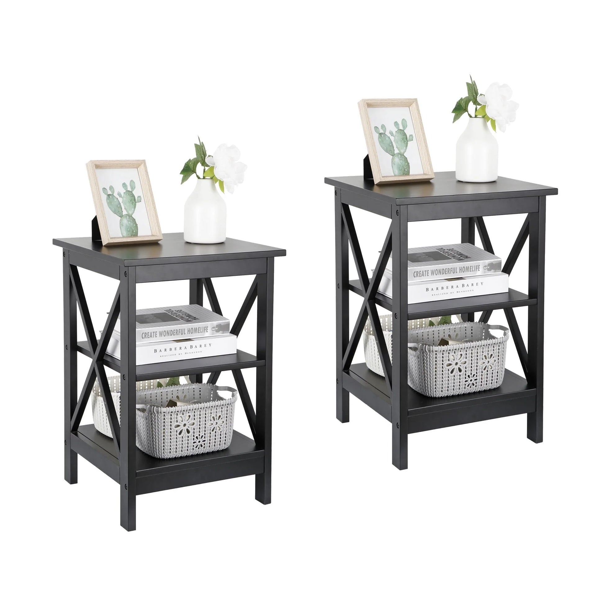 End Table Sofa Side Storage Shelf Living Room Bedroom Furniture 3 Tier Saving Space X-Design Black (2 Pieces)