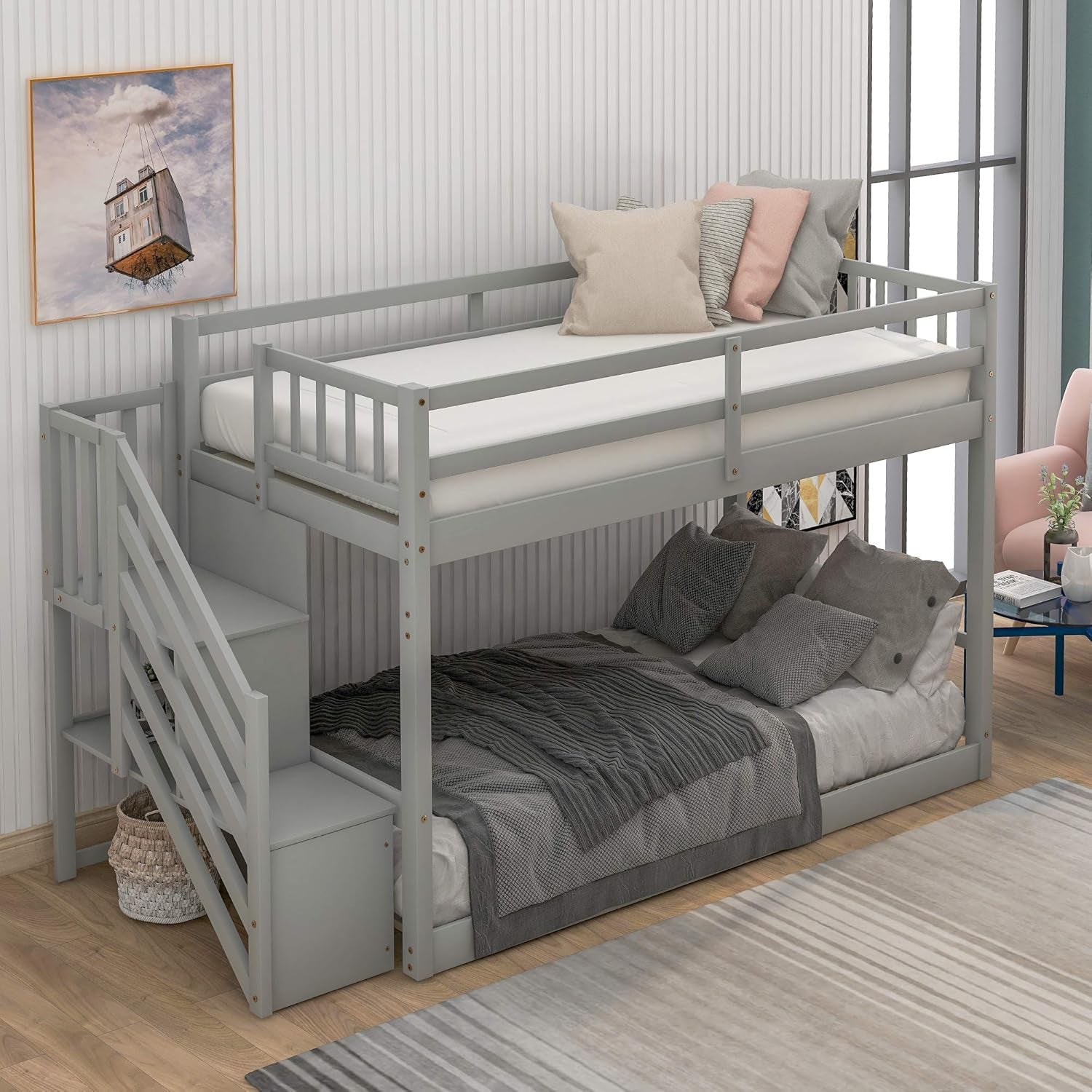 Low Bunk Bed, Wood Twin over Twin Low Floor Bunk Bed, Modern Bunk Bed Frame with Stair and Storage Shelf for Kids,Teens,Boys,Girls,Bedroom Furniture (Gray)