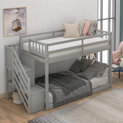 Low Bunk Bed, Wood Twin over Twin Low Floor Bunk Bed, Modern Bunk Bed Frame with Stair and Storage Shelf for Kids,Teens,Boys,Girls,Bedroom Furniture (Gray)
