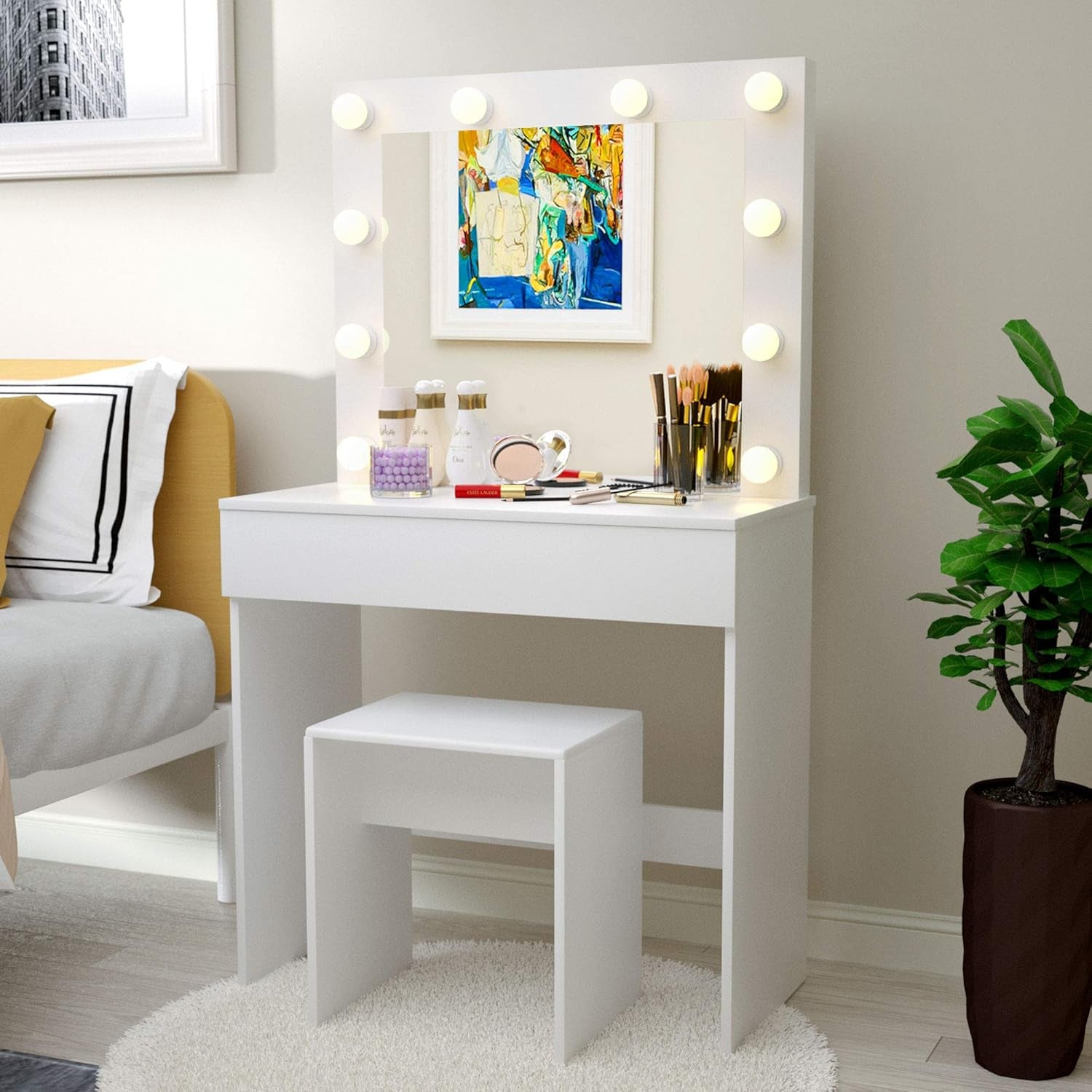 Makeup Vanity Table W/10 LED Lights Mirror,Vanity Set with Stool&Drawer,Wood Dressing Table Bedroom Furniture Girls Women Gifts White