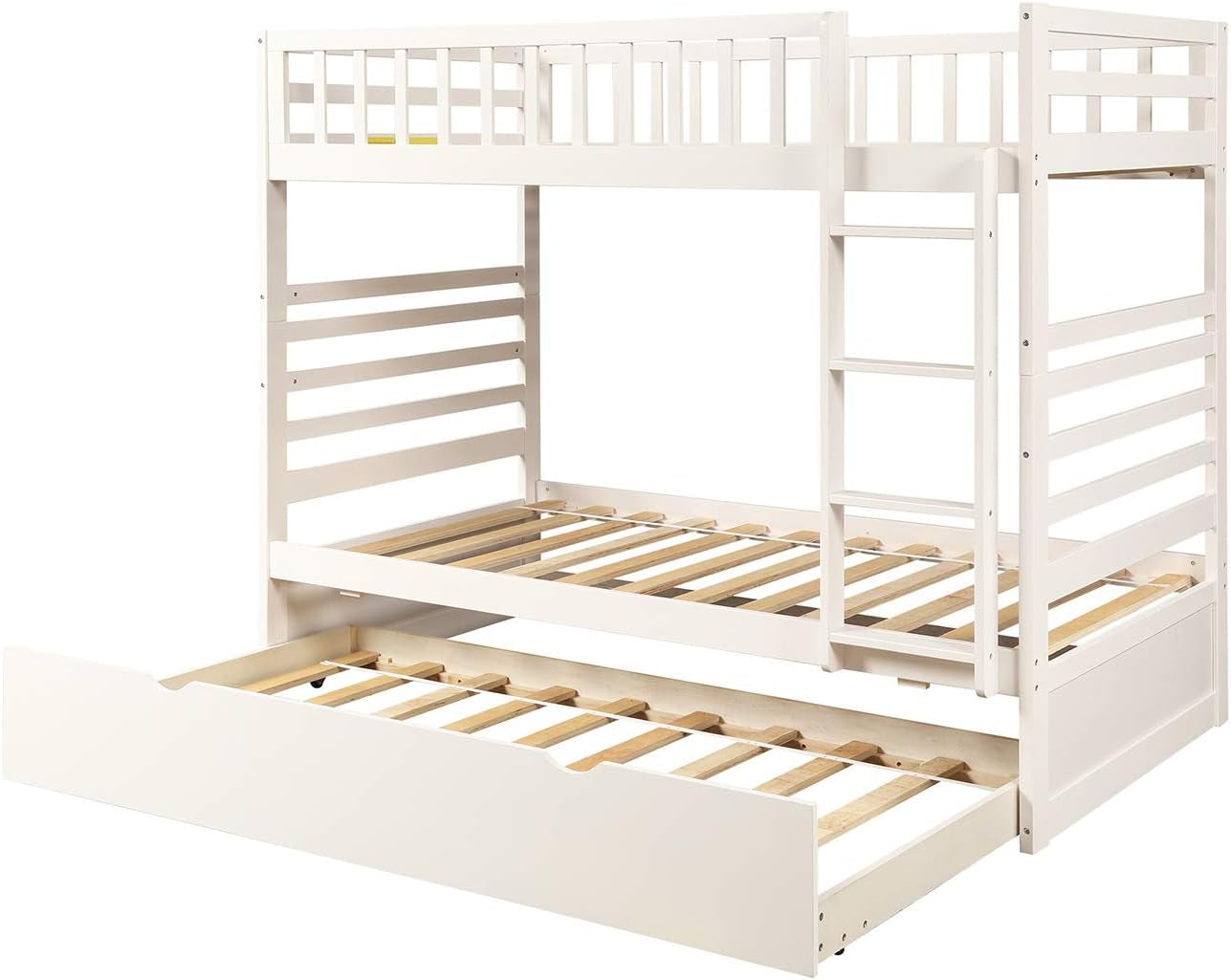 Twin over Twin Bunk Bed, Hinipa Space Saving Design Bedroom Furniture Wood Bunk Beds with Trundle, Ladder and Safety Rail (White)