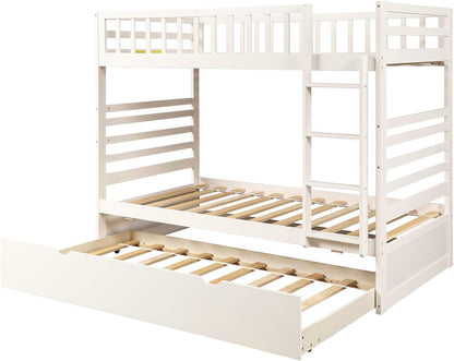 Twin over Twin Bunk Bed, Hinipa Space Saving Design Bedroom Furniture Wood Bunk Beds with Trundle, Ladder and Safety Rail (White)