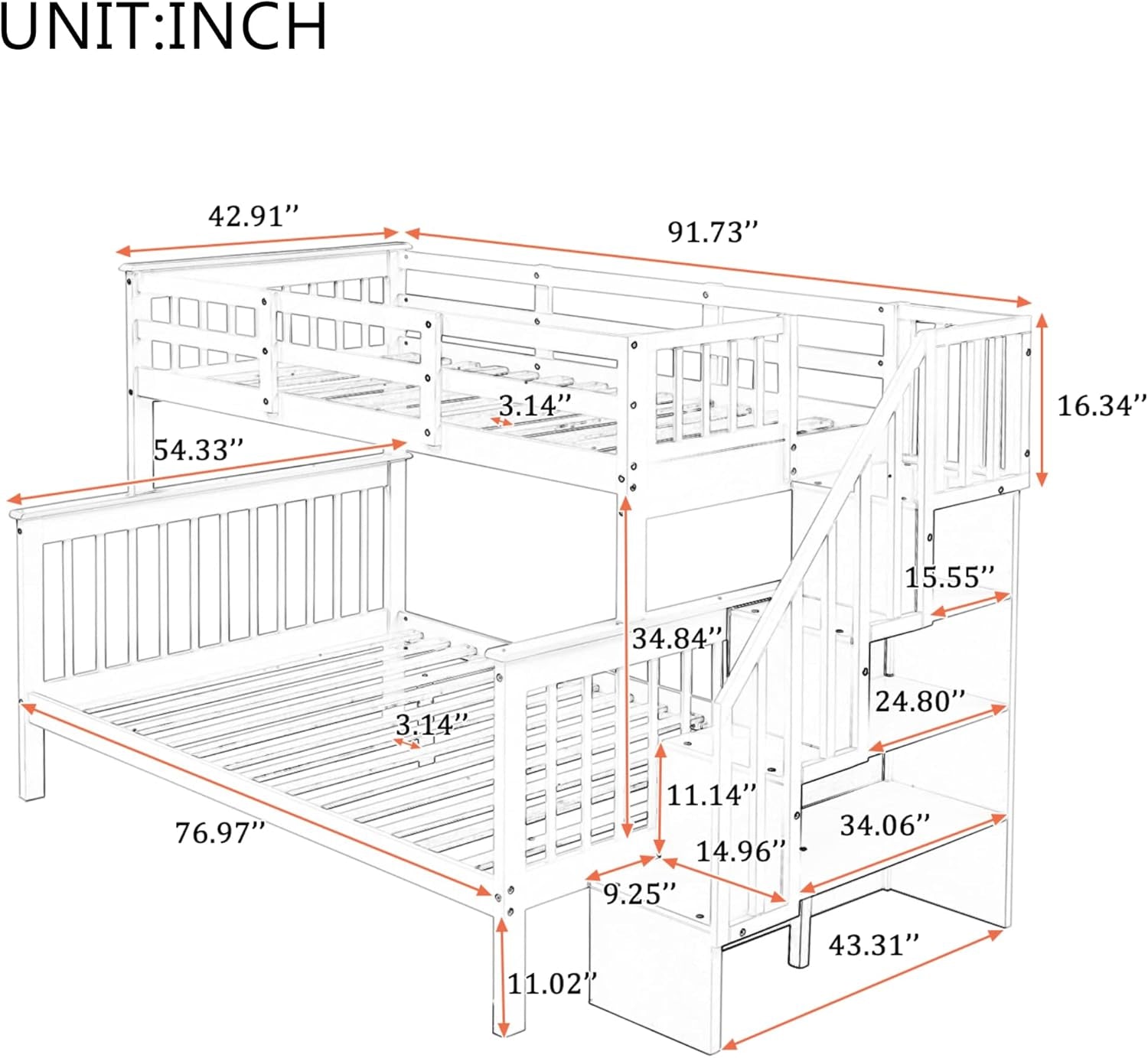 Bunk Bed with Stairway, Wood Bedroom Furniture Twin over Full Bunk Bed Frame with Storage and Safety Guard Rail, Convertible to Separate 2 Beds (Espresso)