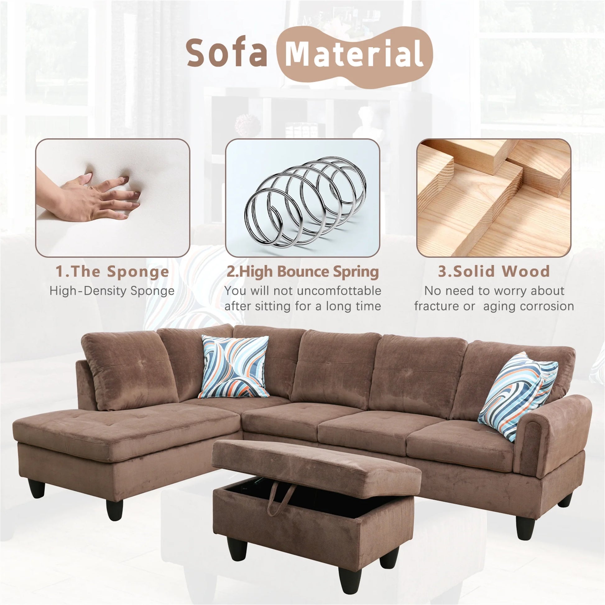 3 Piece L-Shape Sectional Sofa Couch W/ Storage Ottoman, 2 Pillows, Pineapple Velvet, Brown