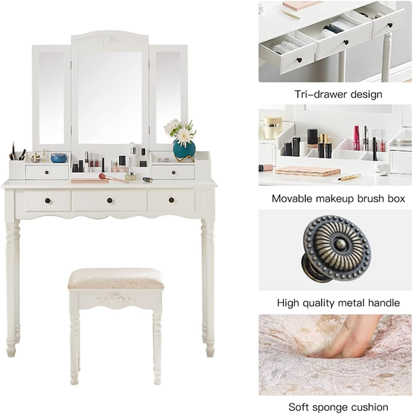 Vanity Table Set with Three Square Mirror Dressing Table and Cushioned Stool with 5 Drawers Bedroom Furniture for Girls Women