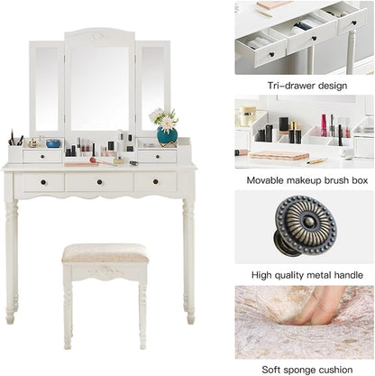 Vanity Table Set with Three Square Mirror Dressing Table and Cushioned Stool with 5 Drawers Bedroom Furniture for Girls Women