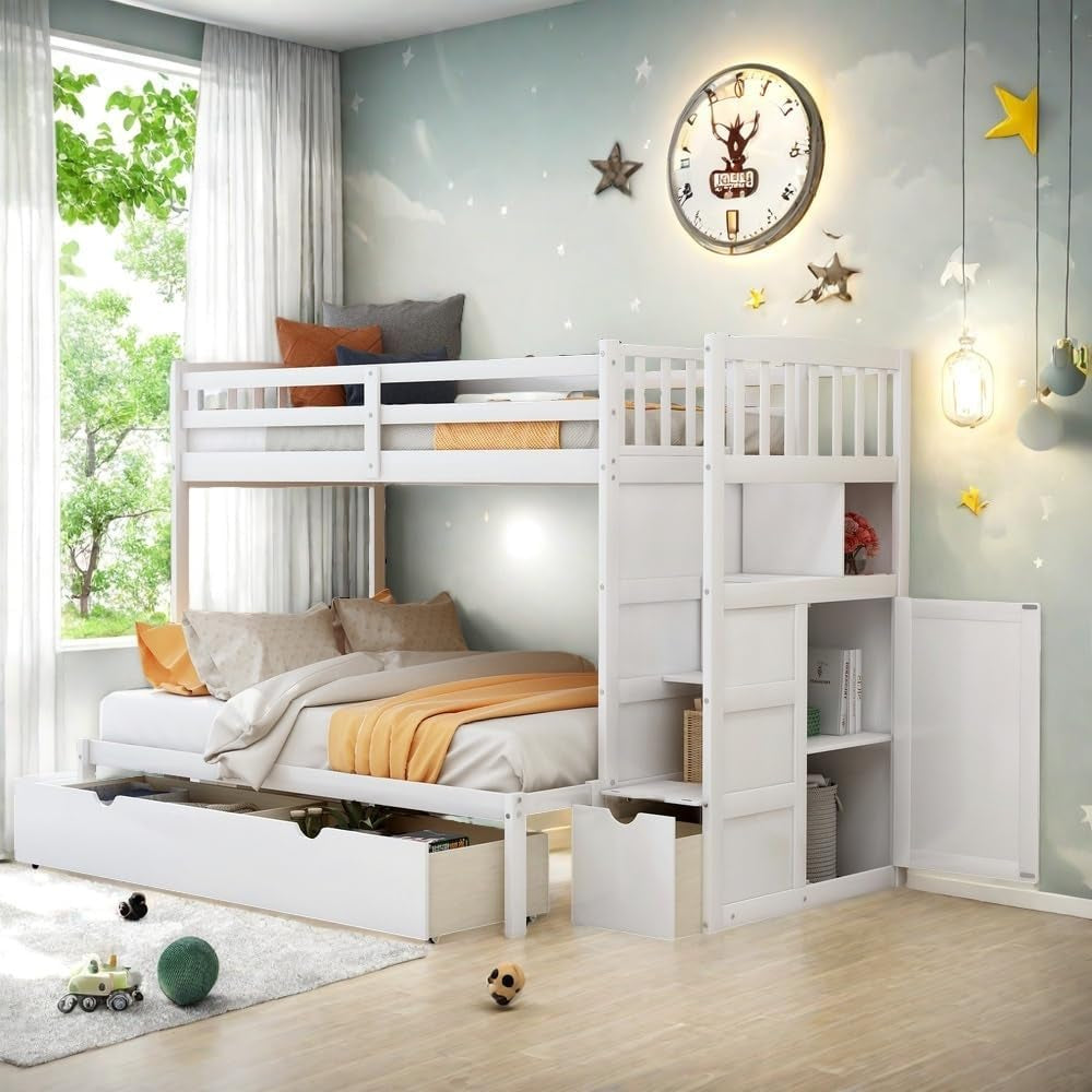 Wood Bunk Beds with Staircase and Drawers, Twin over Twin/Full Bunk Bed with Storage Cabinet Convertible Bunk Bed for Kids