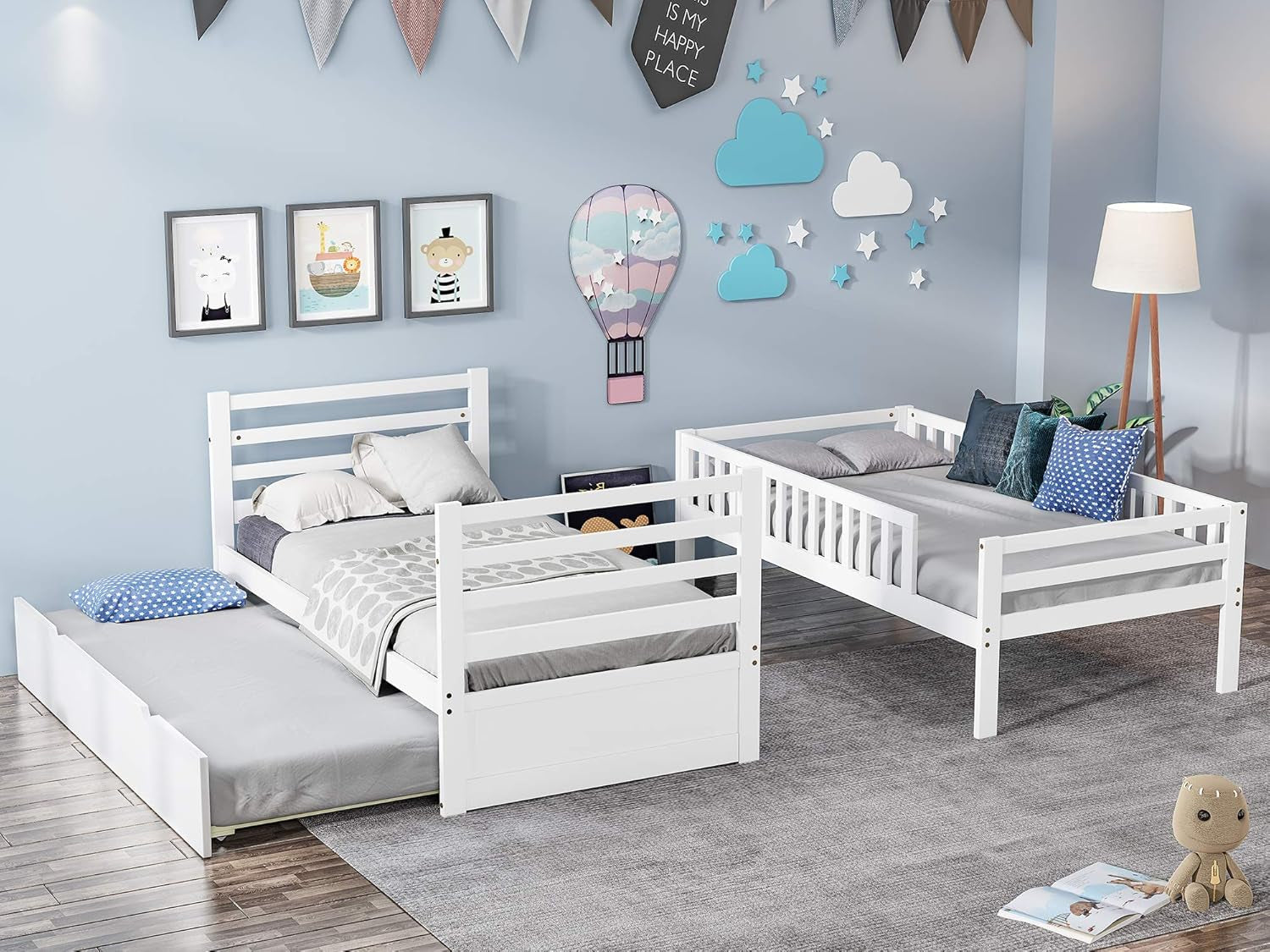 Twin over Twin Bunk Bed, Hinipa Space Saving Design Bedroom Furniture Wood Bunk Beds with Trundle, Ladder and Safety Rail (White)