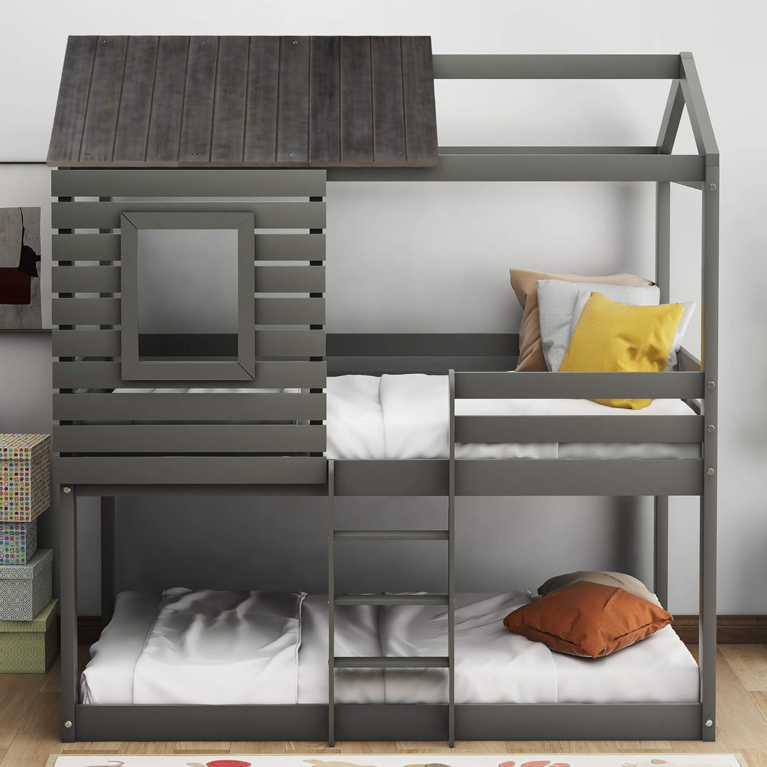 Twin over Twin Bunk Bed, Wood Twin House Bed Loft Bed Bedroom Furniture with Roof, Window, Guardrail & Ladder (Gray, Twin over Twin)