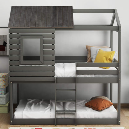 Twin over Twin Bunk Bed, Wood Twin House Bed Loft Bed Bedroom Furniture with Roof, Window, Guardrail & Ladder (Gray, Twin over Twin)