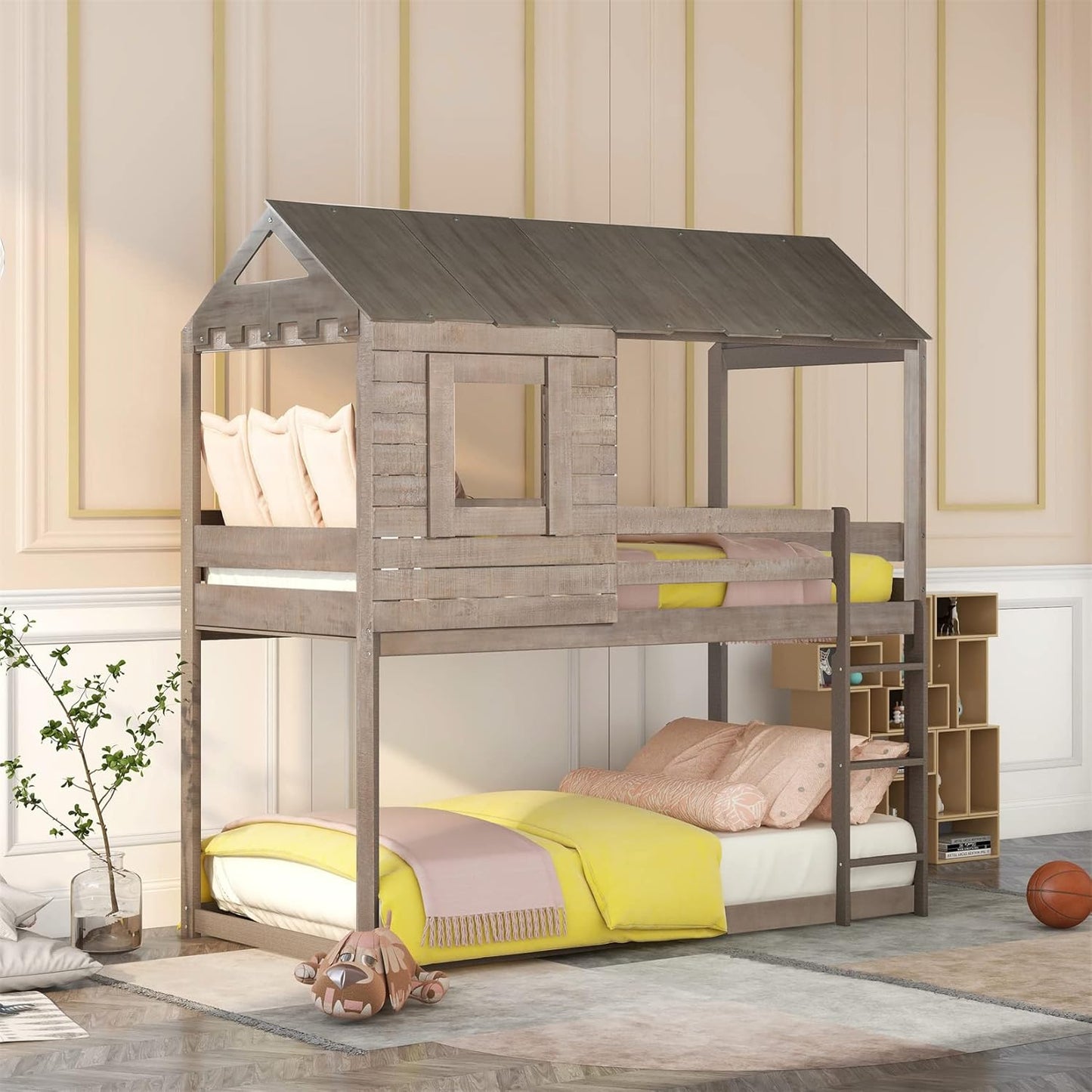 House Bunk Beds, Twin over Twin Bunk Bed Frame Low Bunk Bed for Kids Toddlers Boys Girls, Antique Gray