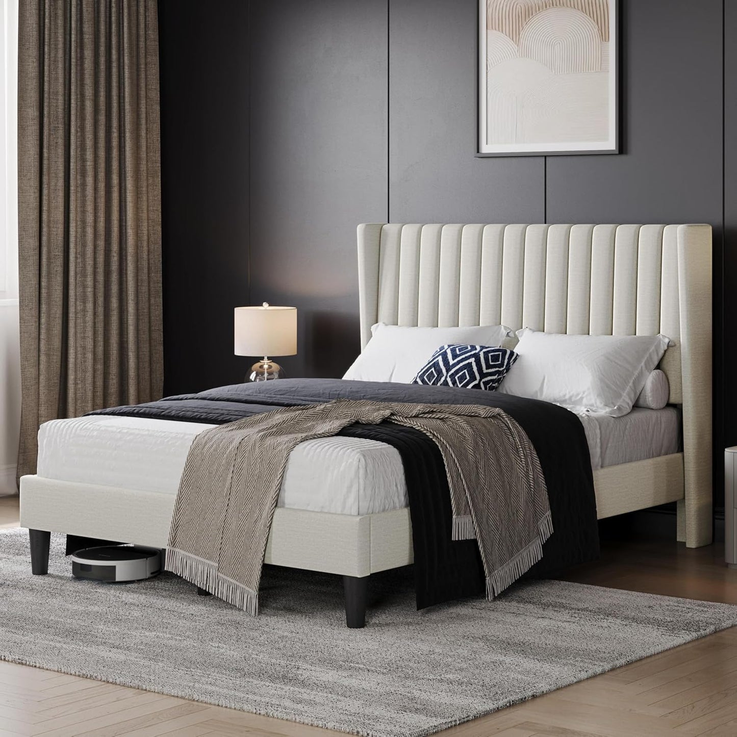 Full Bed Frame Upholstered Platform Bed with Fabric Headboard, Wing Edge Design/Non-Slip and Noise-Free/Wooden Slats Support/No Box Spring Needed/Easy Assembly, Beige Full Bed