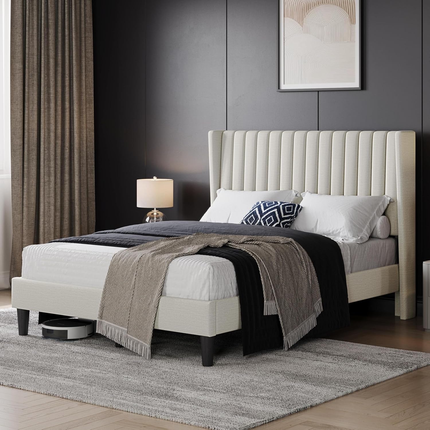 Full Bed Frame Upholstered Platform Bed with Fabric Headboard, Wing Edge Design/Non-Slip and Noise-Free/Wooden Slats Support/No Box Spring Needed/Easy Assembly, Beige Full Bed