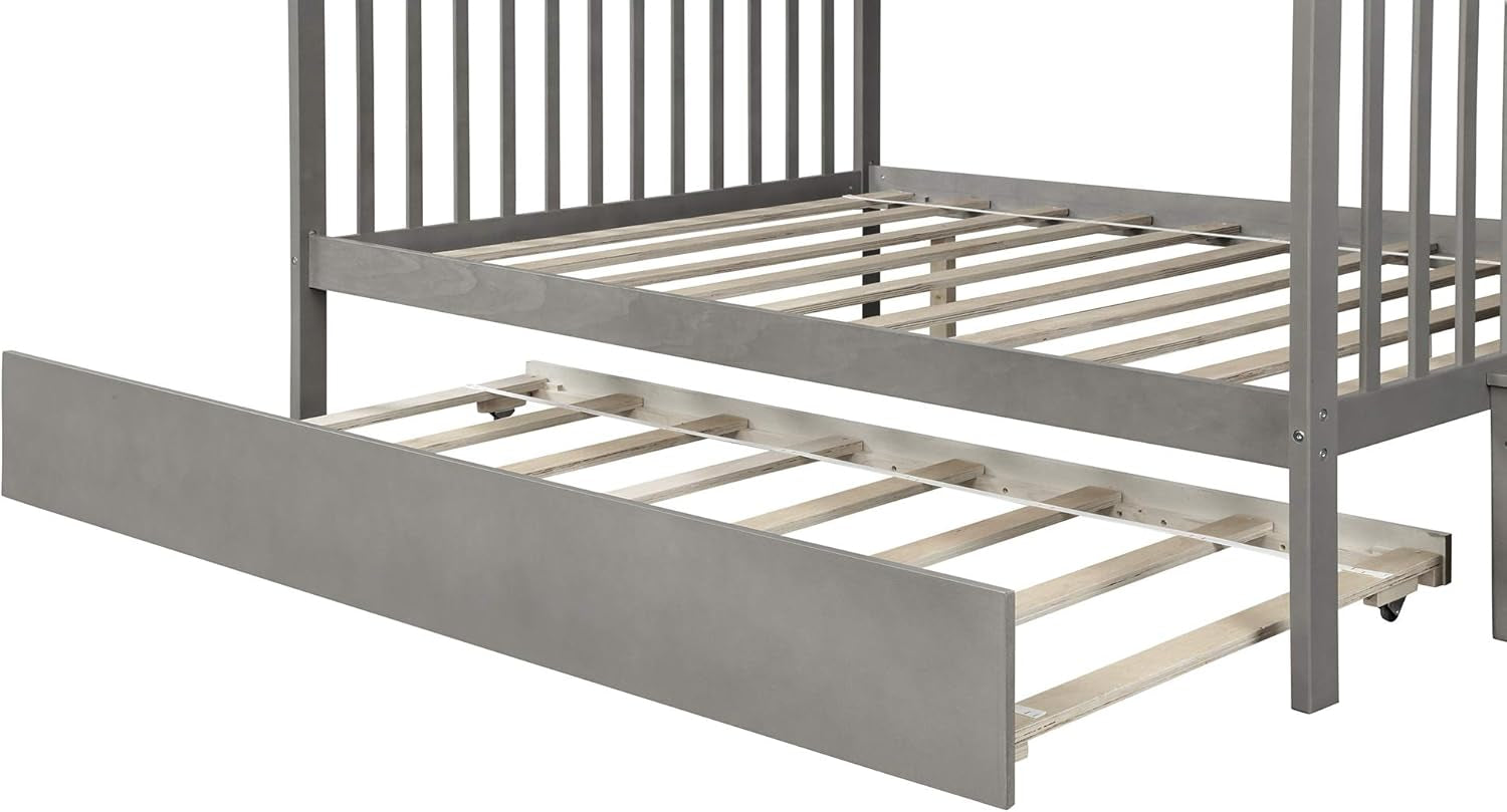 Twin over Full Bunk Bed with Trundle, Wood Bunk Bed Frame with Storage and Safety Rail, Bedroom Furniture, White