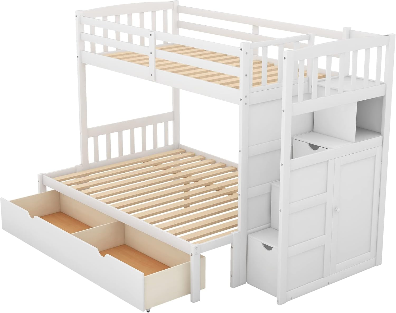 Wood Bunk Beds with Staircase and Drawers, Twin over Twin/Full Bunk Bed with Storage Cabinet Convertible Bunk Bed for Kids