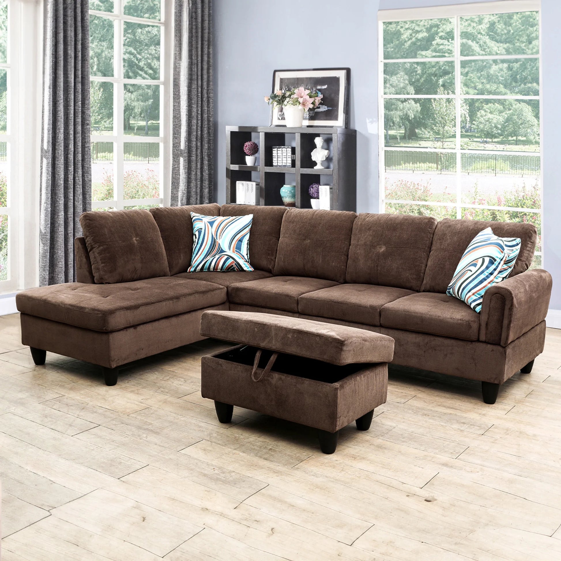 3 Piece L-Shape Sectional Sofa Couch W/ Storage Ottoman, 2 Pillows, Pineapple Velvet, Brown