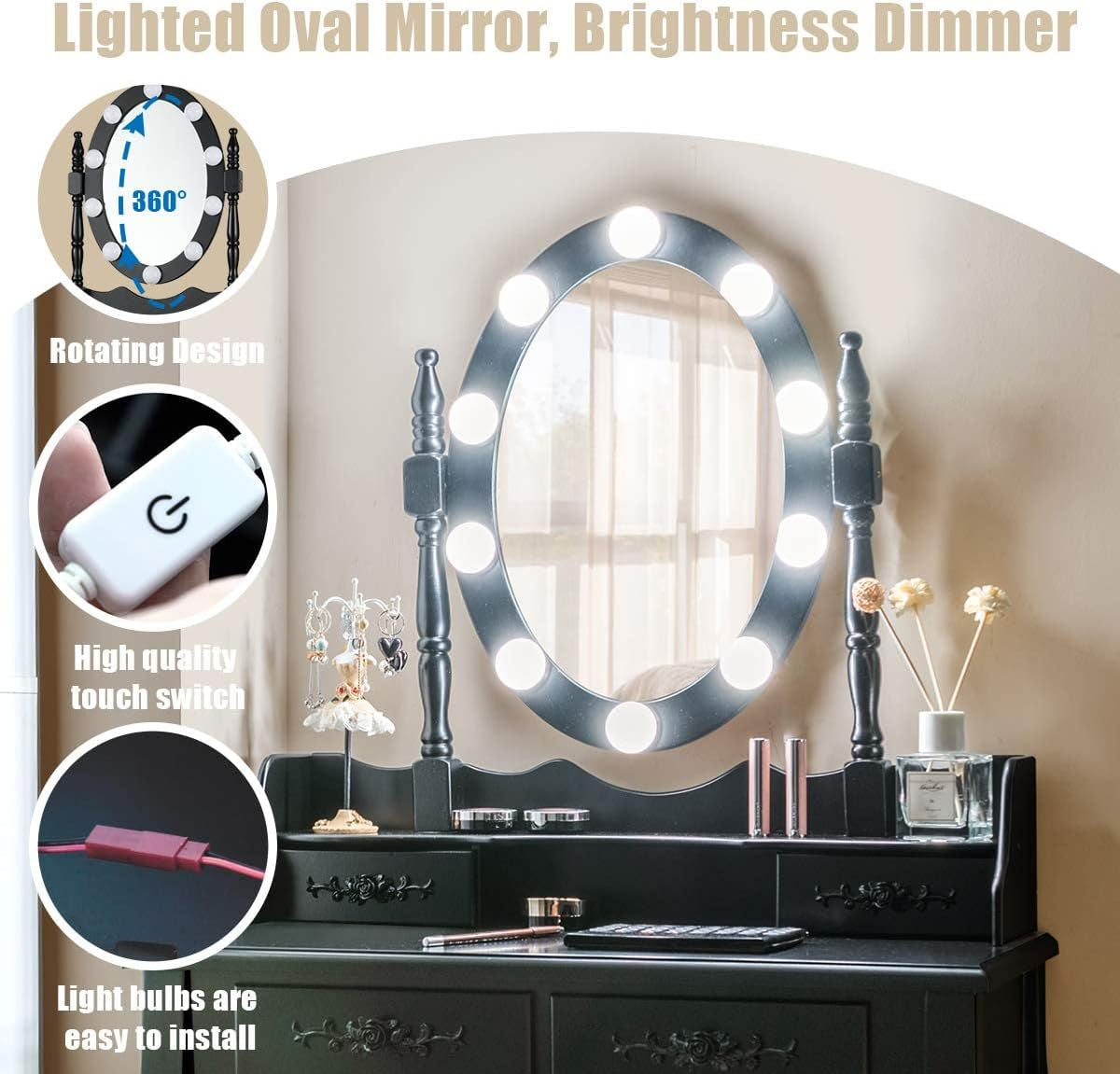 Makeup Vanity Table with 10 LED Lights, Adjustable Brightness, 4 Drawers, Rotatable Mirror, Cushioned Stool, Vanity Desk Dressing Table Bedroom Furniture (Black)