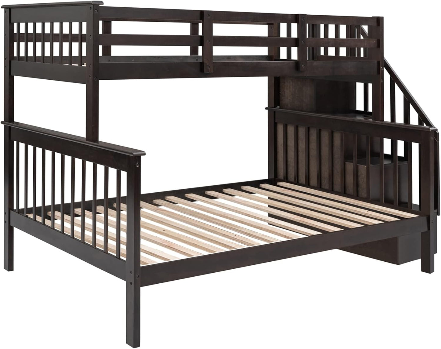 Bunk Bed with Stairway, Wood Bedroom Furniture Twin over Full Bunk Bed Frame with Storage and Safety Guard Rail, Convertible to Separate 2 Beds (Espresso)