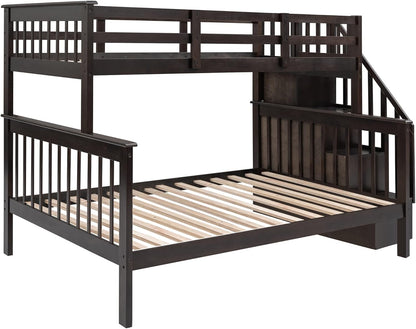 Bunk Bed with Stairway, Wood Bedroom Furniture Twin over Full Bunk Bed Frame with Storage and Safety Guard Rail, Convertible to Separate 2 Beds (Espresso)