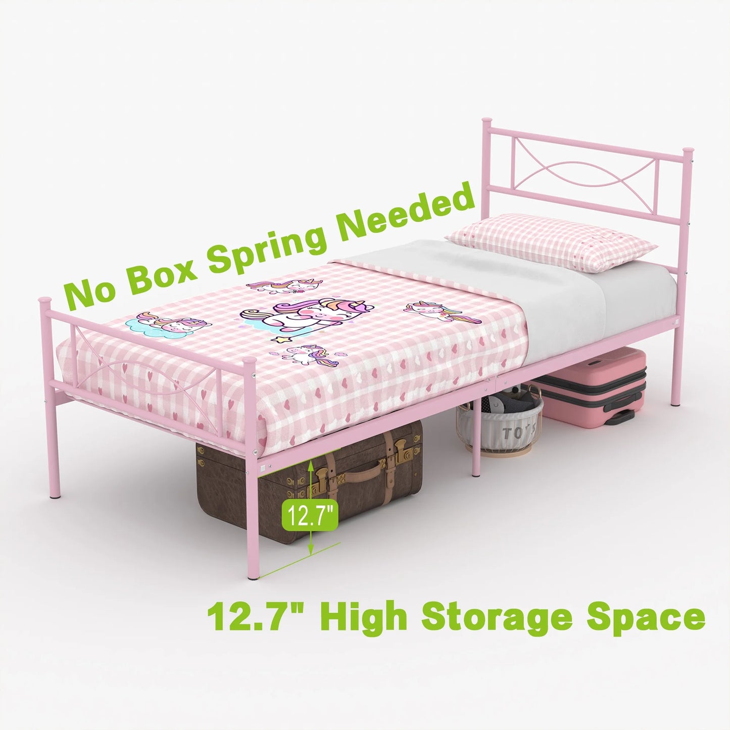 Kids Pink Metal Platform Bed Frame Twin Single Bed with Headboard & Footboard for Girls Bedroom Furniture, No Box Spring Needed