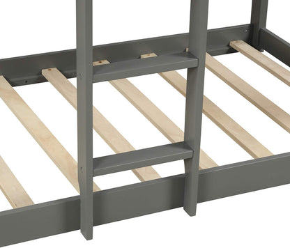 Twin over Twin Bunk Bed, Wood Twin House Bed Loft Bed Bedroom Furniture with Roof, Window, Guardrail & Ladder (Gray, Twin over Twin)
