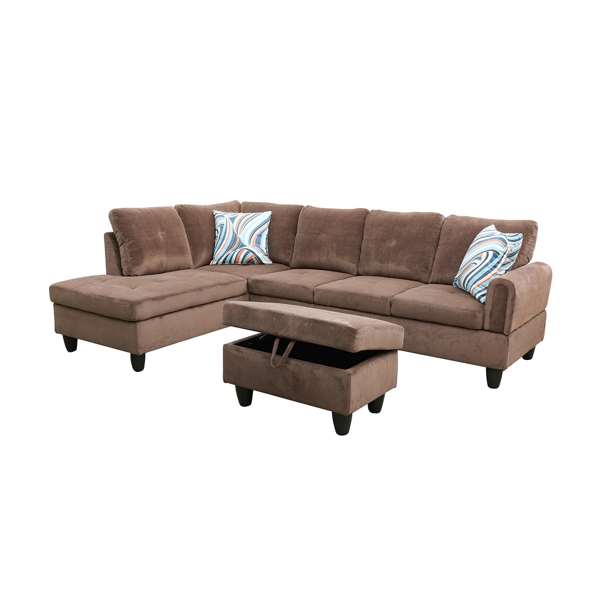 3 Piece L-Shape Sectional Sofa Couch W/ Storage Ottoman, 2 Pillows, Pineapple Velvet, Brown