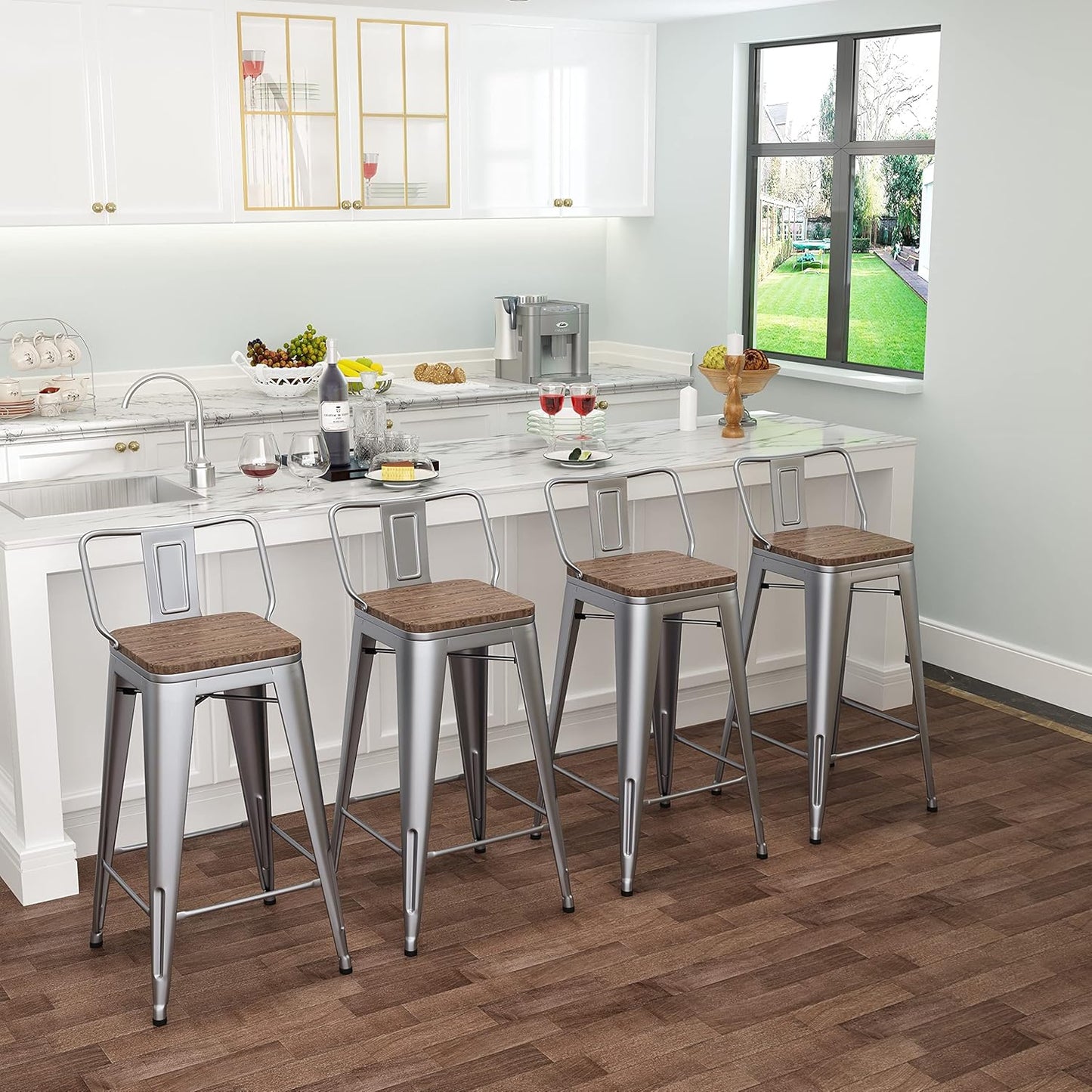 Metal Bar Stools Set of 4 Barstools Counter Height Bar Stools with Back Industrial Bar Stool Indoor Counter Stool Kitchen Island Stools Modern Bar Chair with Wood Top 24 Inch Silver