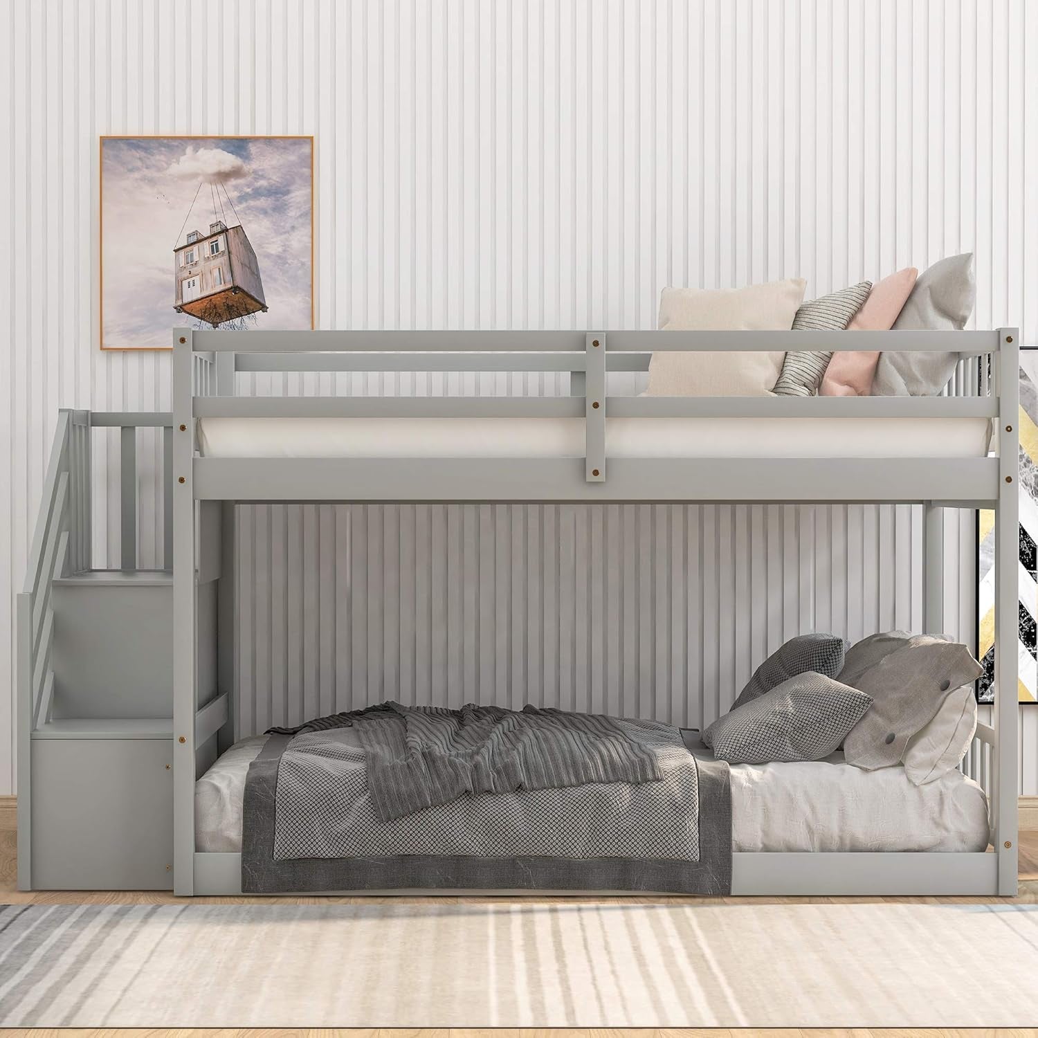 Low Bunk Bed, Wood Twin over Twin Low Floor Bunk Bed, Modern Bunk Bed Frame with Stair and Storage Shelf for Kids,Teens,Boys,Girls,Bedroom Furniture (Gray)
