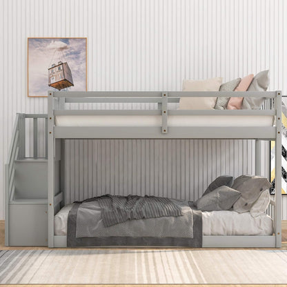Low Bunk Bed, Wood Twin over Twin Low Floor Bunk Bed, Modern Bunk Bed Frame with Stair and Storage Shelf for Kids,Teens,Boys,Girls,Bedroom Furniture (Gray)