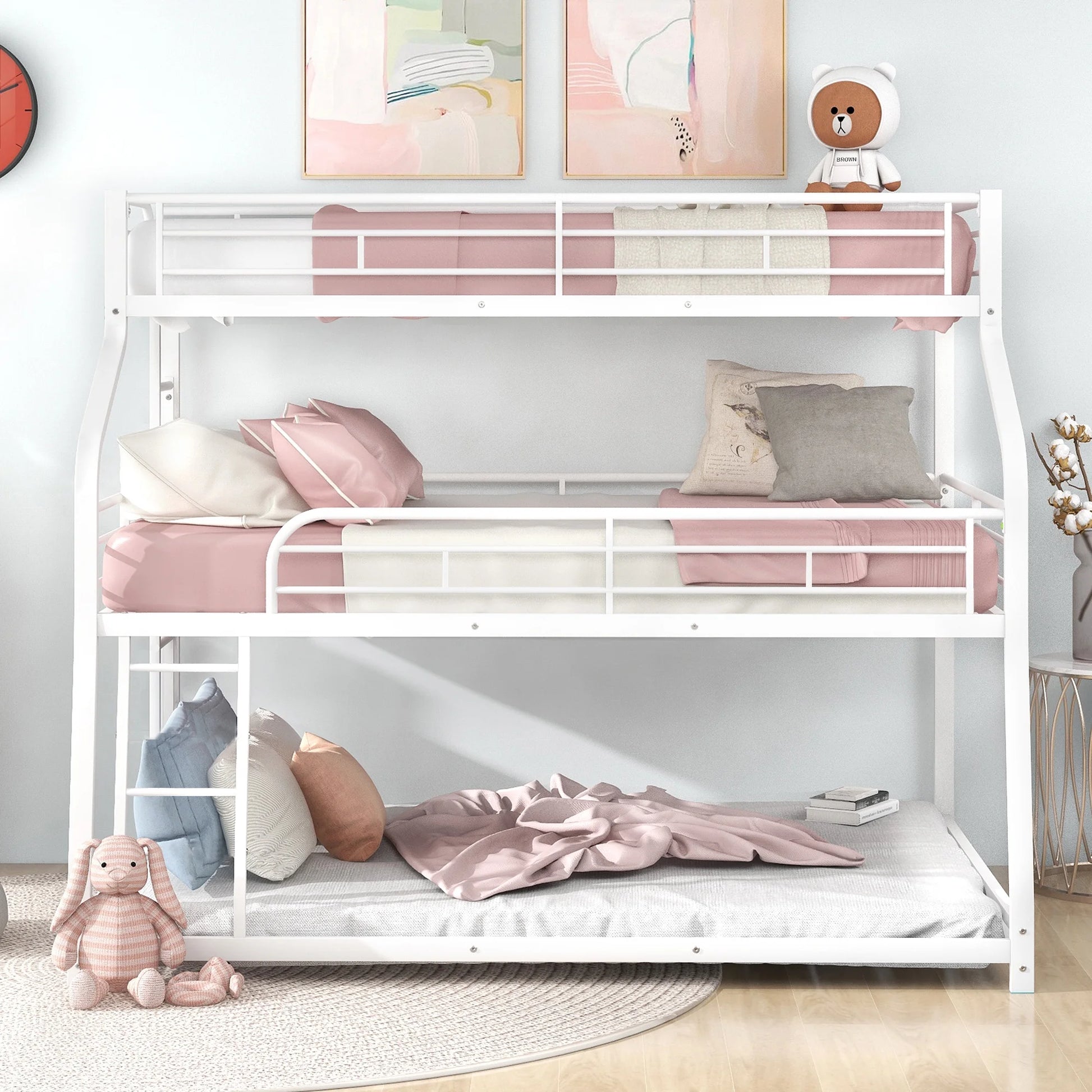Twin Xl/Full Xl/Queen Size Triple Bunk Bed, 3 Bunk Beds/Metal Triple Bunk Bed with Long, Short Ladder and Full-Length Guardrails, Triple Bunk Bed for Kids,Teens, Adults(White)