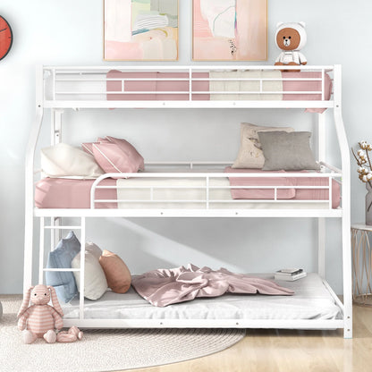 Twin Xl/Full Xl/Queen Size Triple Bunk Bed, 3 Bunk Beds/Metal Triple Bunk Bed with Long, Short Ladder and Full-Length Guardrails, Triple Bunk Bed for Kids,Teens, Adults(White)