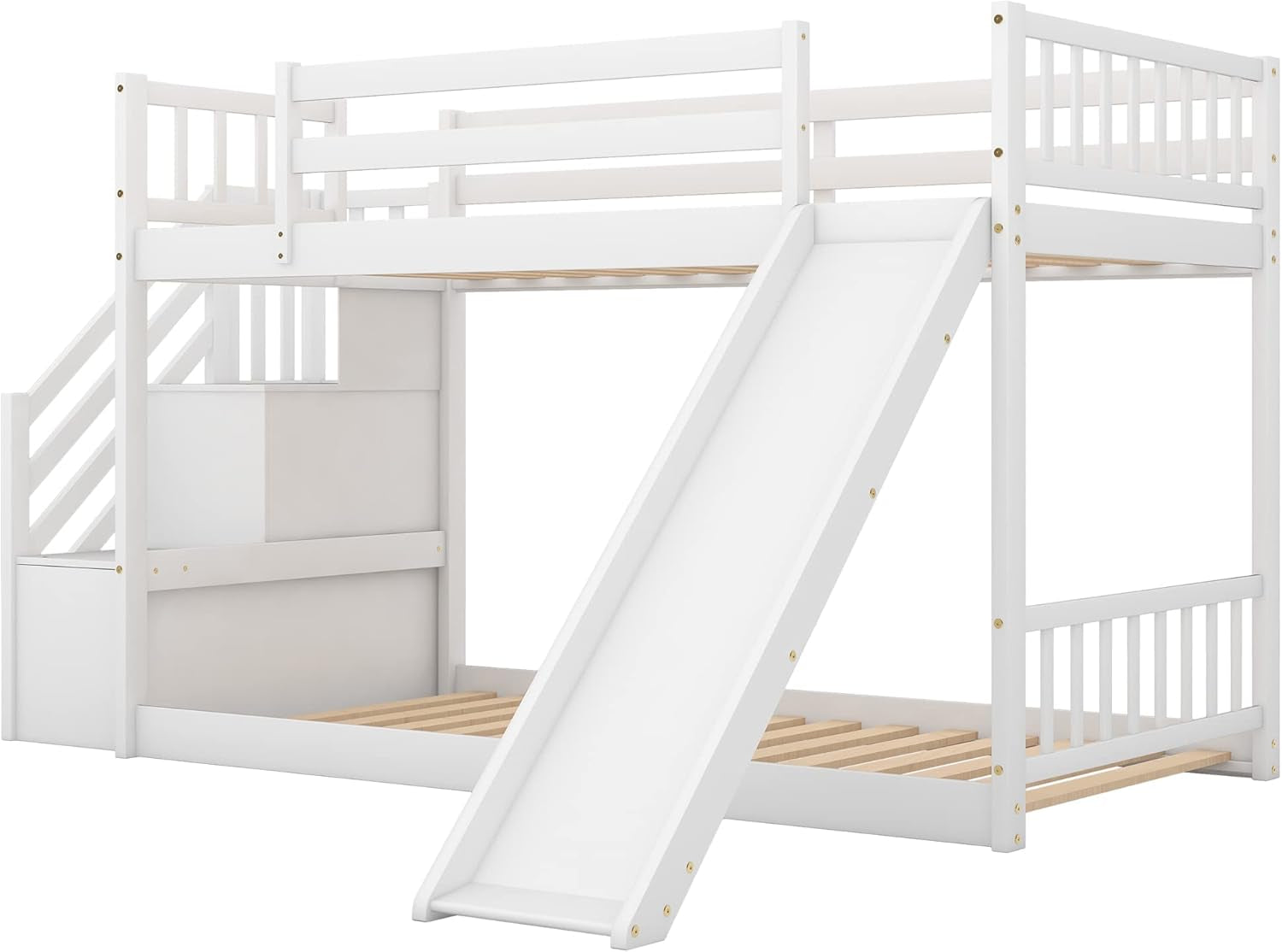 Twin Bunk Bed with Slide, Space Saving Design Bedroom Furniture Wood Twin over Twin Bed Frame with Stairway, Storage and Safety Guard Rail (White)