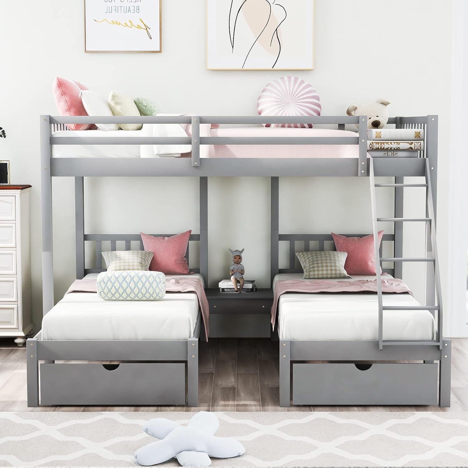 Full over Twin & Twin Bunk Beds, Wooden Triple Bunk Bed Frame with 3 Storage Drawers and Guardrails for Kids, Teens, Bedroom Furniture Bed, Grey