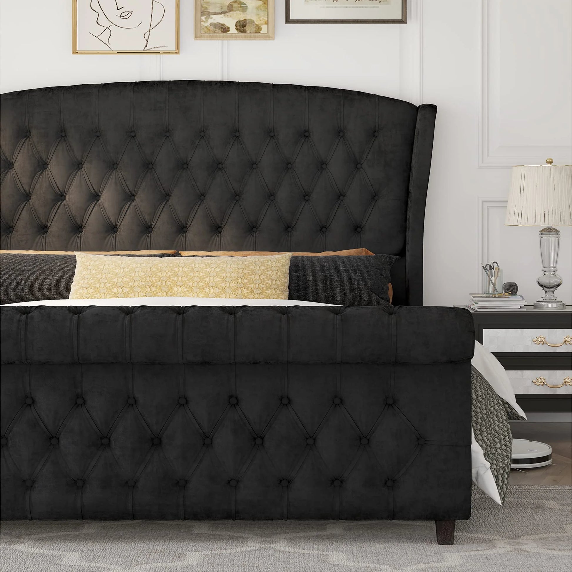 King Size Platform Bed Frame Velvet Upholstered Sleigh Bed with Scroll Wingback Headboard & Footboard/Button Tufted/No Box Spring Required/Grey