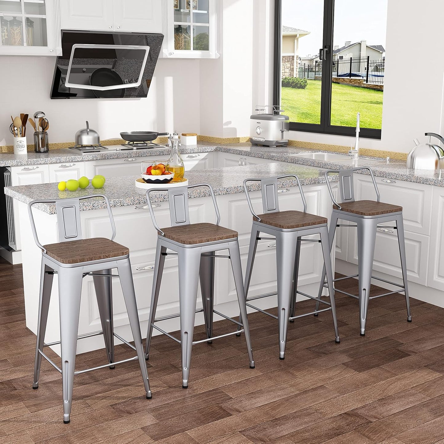 Metal Bar Stools Set of 4 Barstools Counter Height Bar Stools with Back Industrial Bar Stool Indoor Counter Stool Kitchen Island Stools Modern Bar Chair with Wood Top 24 Inch Silver