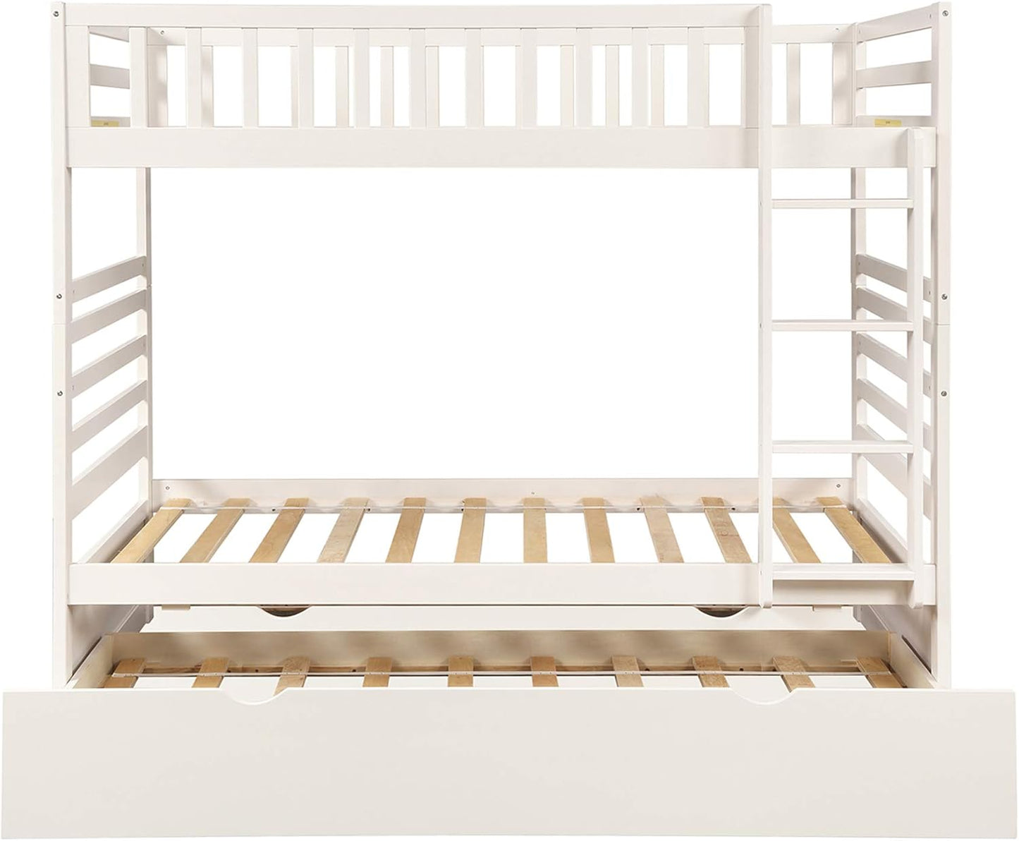 Twin over Twin Bunk Bed, Hinipa Space Saving Design Bedroom Furniture Wood Bunk Beds with Trundle, Ladder and Safety Rail (White)