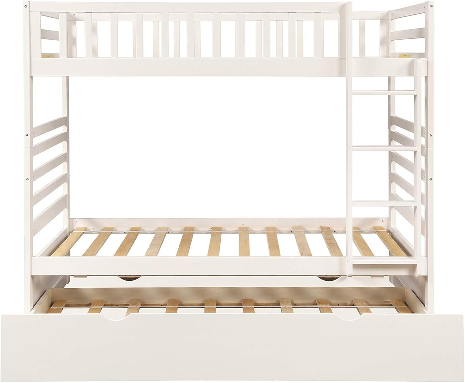 Twin over Twin Bunk Bed, Hinipa Space Saving Design Bedroom Furniture Wood Bunk Beds with Trundle, Ladder and Safety Rail (White)
