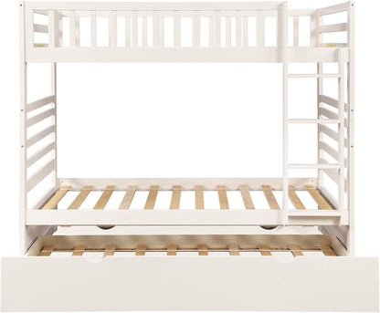 Twin over Twin Bunk Bed, Hinipa Space Saving Design Bedroom Furniture Wood Bunk Beds with Trundle, Ladder and Safety Rail (White)